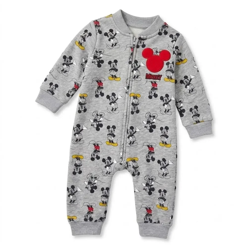 Disney Baby Hooded Ears Sweater Jumpsuit Gray Mickey Allover Print Zip Up 12M
